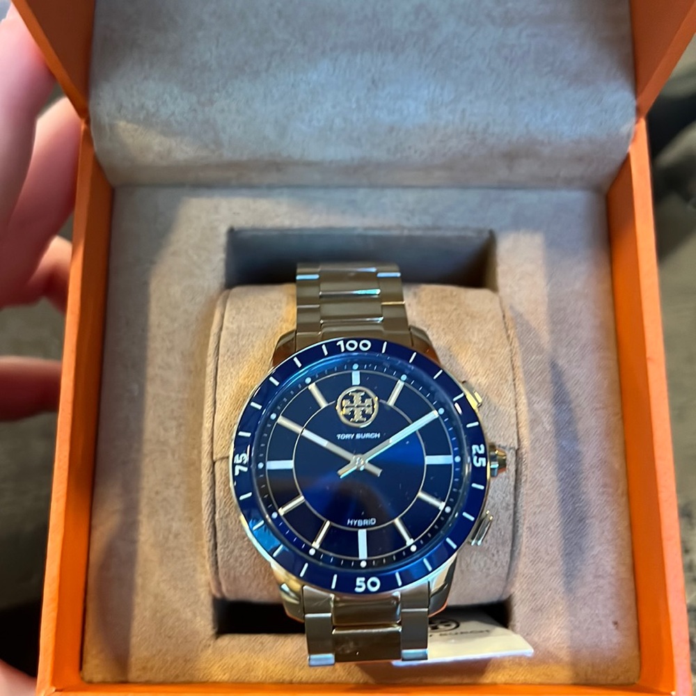 Tory Burch Watch gold link strap with blue face